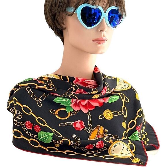 Vintage BILL BLASS SILK  roses, pocket watches, chain scarf-black red gold - Picture 7 of 9